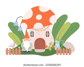 Gnome and mushroom house. Garden dwarf, plants and bird. Cartoon magic tale composition. Forest magical characters, vector scene