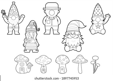 Gnome and mushroom house line art black and white cute cartoon character design. 