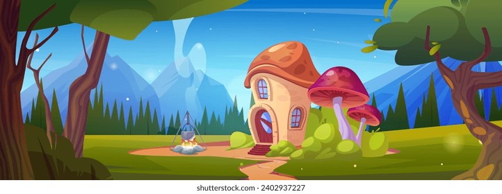 Gnome mushroom house on forest glade. Vector cartoon illustration of fairytale scenery, small dwarf hut with porch and round windows in mountain woodland, boiling pot on bonfire, smoke rising in sky