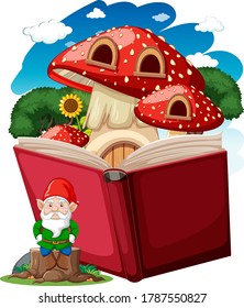 Gnome And Mushroom House With Pop Up Book Cartoon Style On White Background Illustration