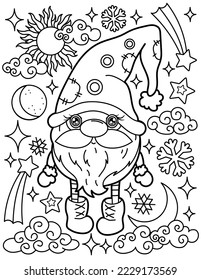 Gnome and natural objects: sun moon clouds stars. Coloring book for children. Gnome coloring book. Black and white vector illustration.