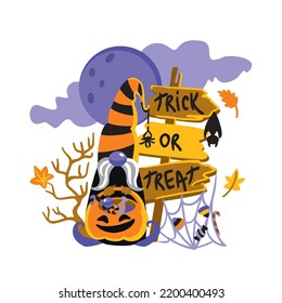 Gnome on halloween. Trick or treat, kids illustration. Halloween party. Vector