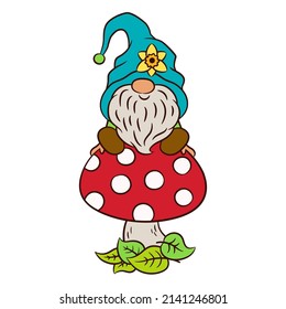 Gnome on a toadstool. Spring summer clipart. Cartoon character Scandinavian gnome tomte sitting on a mushroom. Adorable child baby style vector illustration. Cute little dwarf print graphic design.