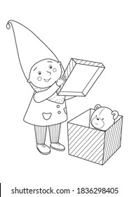 Gnome opens a gift in which a teddy bear. Coloring page for coloring book. Cartoon vector illustration.