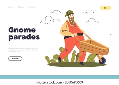 Gnome parades concept of landing page with funny garden dwarf pushing wheelbarrow. Cute cartoon gnome with long beard in hat gardening. Fairytale and mythological creature. Flat vector illustration