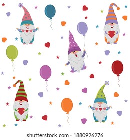 Gnome pattern, balloons and hearts, color vector illustration on white background, design, decoration, gift wrapping, postcards