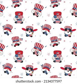 Gnome pattern repeat seamless background paper, cute fun hippy America Uncle sam gnome celebrating.