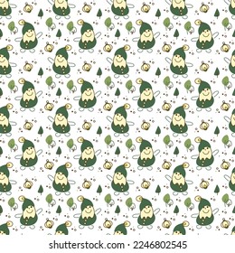 Gnome pattern1. Seamless pattern with cute gnome character, trees and flashlight. Cartoon color vector illustration.