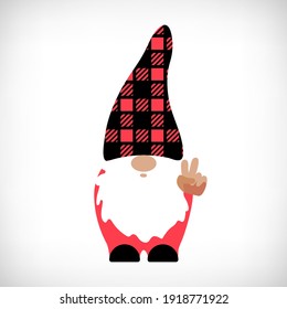 Gnome with peace sign hand. Buffalo Plaid Gnome. Scandinavian Nordic Gnome with buffalo plaid hat, cute victory hand sign. Funny gnomes in checkered texture costume. Vector dwarf for t shirt design.