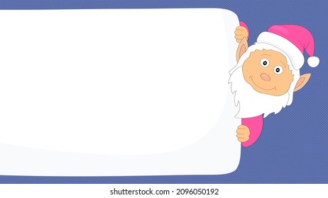 The gnome peeks out from behind a blank poster, cartoon
