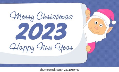 gnome peeks out from behind a poster of Merry Christmas and Happy New Year 2023