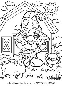 Gnome with pigs on the farm. Coloring book for children. Gnome coloring book. Black and white vector illustration.