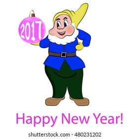 Gnome with pink balls. Happy New Year 2017. Vector illustration.