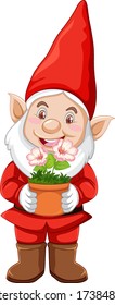 Gnome with plant pot in cartoon character on white background illustration