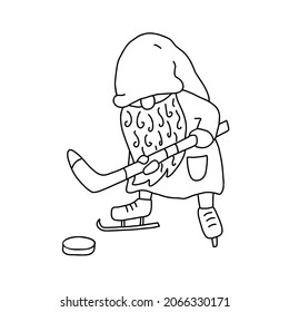 Gnome Playing Hockey. Doodle Hand Drawn Vector Illustration Isolated On White. Great For Coloring Books.