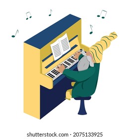 Gnome playing piano by notes sitting on chair. Gnome pianist.