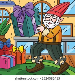 Gnome com Ilustração de Desenho Animado Colorido Presente