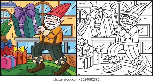 Gnome com Ilustração de Página de Cores Presente