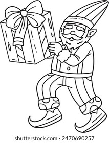 Gnome with Present Isolated Coloring Page for Kids