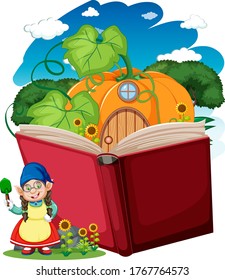 Gnome And Pumpkin House With Pop Up Book Cartoon Style On White Background Illustration