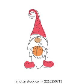 Gnome with pumpkin.Christmas gnomes.Christmas Card.Hello autumn.Halloween gnomes.Thanksgiving.Nordic Gnome.Autumn nordicgnome with pumpkin.Gnome with autumn pumpkin.Continuous one line drawing.
