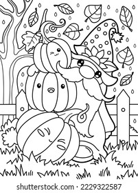 Gnome with pumpkins. Coloring book for children. Gnome coloring book. Black and white vector illustration.