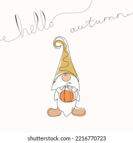 Gnome with pumpkin.Thanksgiving.Hello autumn.Halloween gnomes.Nordic Gnome.Autumn nordicgnome with pumpkin.Gnome with autumn pumpkin.Continuous one line drawing.