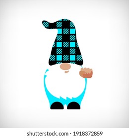 Gnome with raised fist high. Buffalo Plaid Gnome. Scandinavian Nordic Gnome with buffalo plaid hat. Cute gnomes in checkered texture costume. Funny vector dwarf for greeting card, t shirt print.