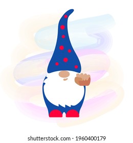 Gnome with raised fist high. Scandinavian Nordic Gnome with traditional hat. Trendy gnomes collection. Funny vector dwarf for greeting card, t shirt print, mug.