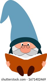 Gnome reading book, illustration, vector on white background.