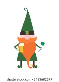 Gnome with red beard and mustache in green costume with beer and four-leaf clover in hands on Saint Patrick's day