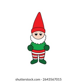 a gnome with red hat green mittens and striped