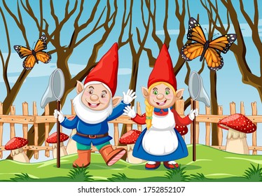 Gnome with red mushroom and butterfly in the garden scene illustration