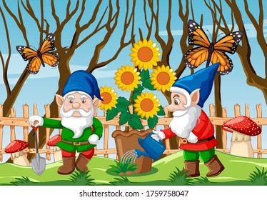 Gnome with red mushroom and sunflowers and butterfly in the garden scene illustration