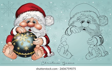 A gnome in a red Santa suit sitting behind a Xmas ornament.