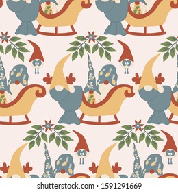 gnome reindeer, gnome bird and flowers in a seamless pattern design, perfect to use on the web or in print