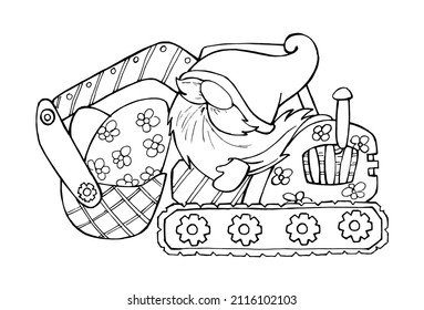 Gnome rides an excavator, Easter eggs. Contour drawing, for the Easter holiday