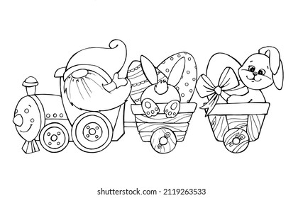 Gnome, rides, on the train, bunny, Easter eggs. Vector contour drawing, for coloring