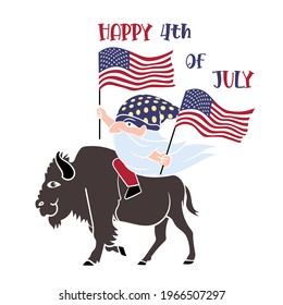 Gnome riding bison and hold America flag with Happy 4th of July text. vector illustration