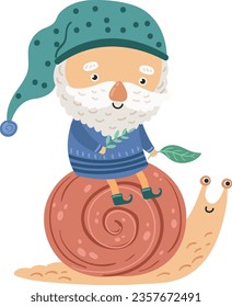 Gnome riding snail. Cute fairytale magic character