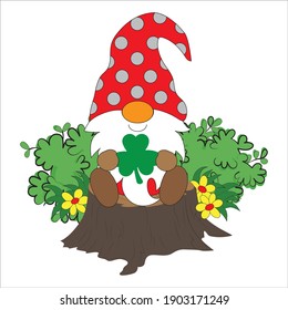 Gnome Saint Patrick lucky, irish, shamrock with clover leave, sit on the log timber, bush, flower. Cute fantacy fairytale dwarf with red hat decoration, symbol vector.