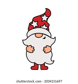 Gnome with Santa Claus hat is on white background. Vector illustration.