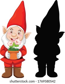 Gnome in santa costume in color and silhouette in cartoon character on white background illustration