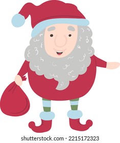 Gnome Santa holds a bag of gifts illustration in cartoon style