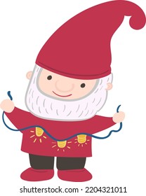 Gnome Santa holds a garland with light bulbs illustration in cartoon style
