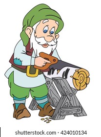 Gnome sawing wood
