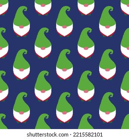 Gnome seamless pattern. Christmas gnome in pixel art style. 8 bit Santa's helper. Christmas background. Retro design for print on wrapping paper, wallpaper, fabric, packing. Vector illustration