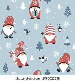 Gnome seamless pattern with cute gnomes. Hand drawn vector background, Scandinavian style