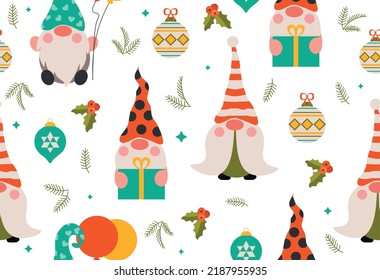 Gnome seamless pattern. Repeating design element for printing on wrapping paper. New Year and Christmas, characters with gifts. Branches and Christmas tree ball. Cartoon flat vector illustration