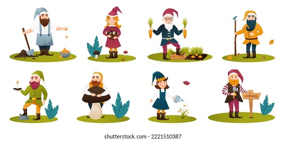 Gnome set. La jardinería linda. Conjunto de personajes lindos de cuento de hadas. Conjunto de adornos y adornos de césped. Ilustración vectorial de dibujos animados planos.